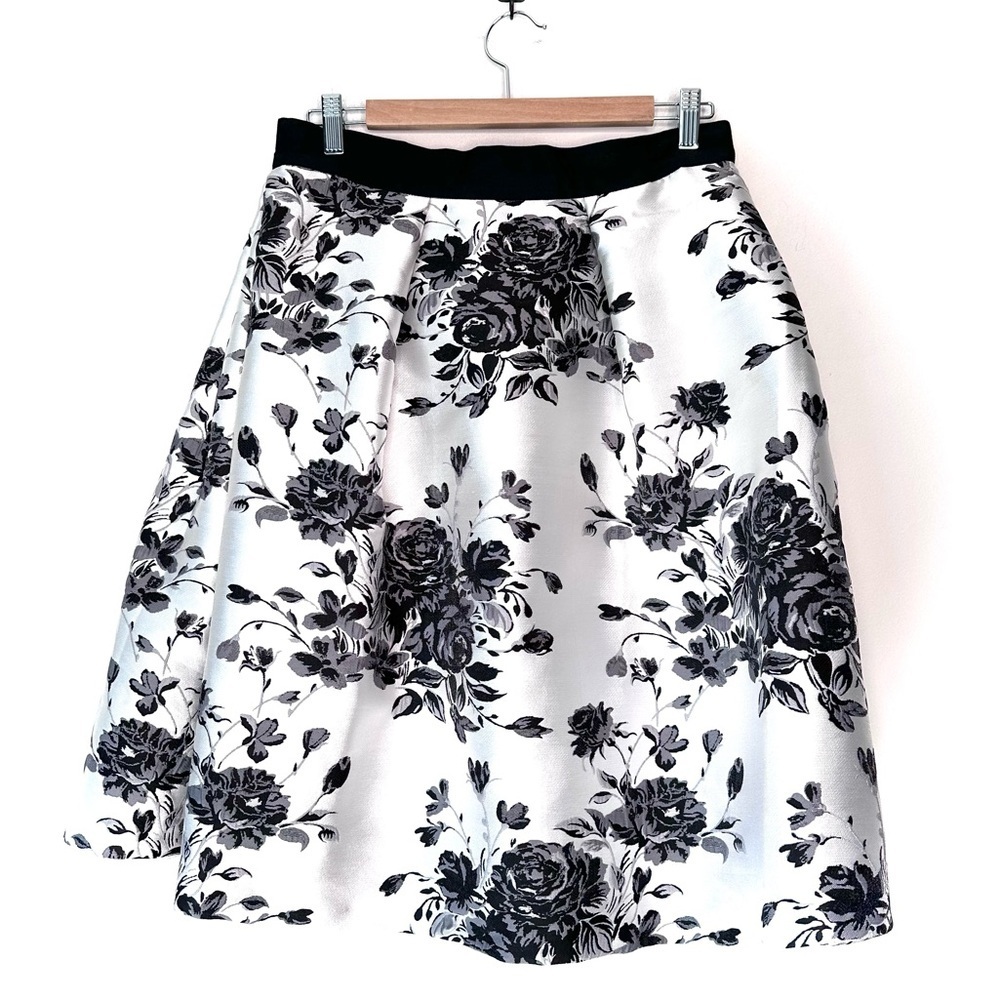 Closet London Black White Floral Jacquard A-line Full Knee Length Skirt Size 10